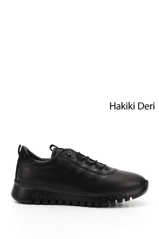 Kadın Siyah Dolgu Taban Lastik Bağcıklı Hakiki Deri Sneaker