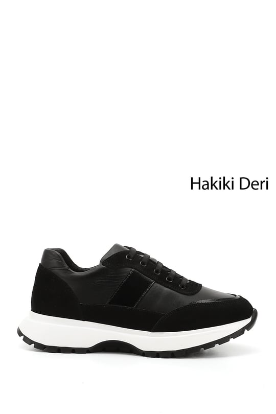 Kadın Siyah Dolgu Taban Lastik Bağcıklı Hakiki Deri Sneaker