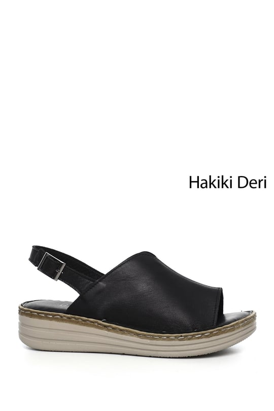 Kadın Siyah Dolgu Topuk Hakiki Deri Comfort Sandalet