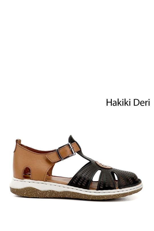 Kadın Siyah Dolgu Topuk Hakiki Deri Sandalet