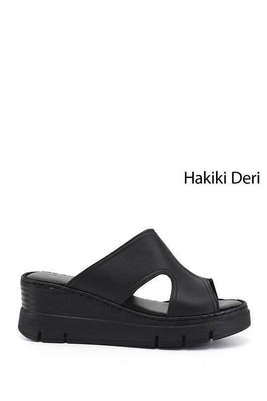 Kadın Siyah Dolgu Topuklu Hakiki Deri Terlik