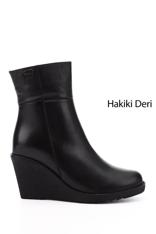 Kadın Siyah Fermuarlı Dolgu Topuklu Hakiki Deri Bot