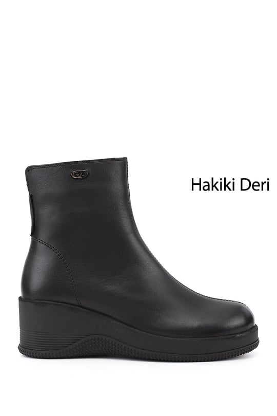 Kadın Siyah Fermuarlı Dolgu Topuklu Hakiki Deri Bot