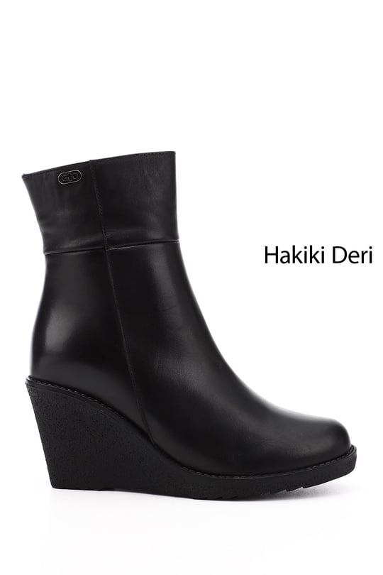 Kadın Siyah Fermuarlı Dolgu Topuklu Hakiki Deri Bot