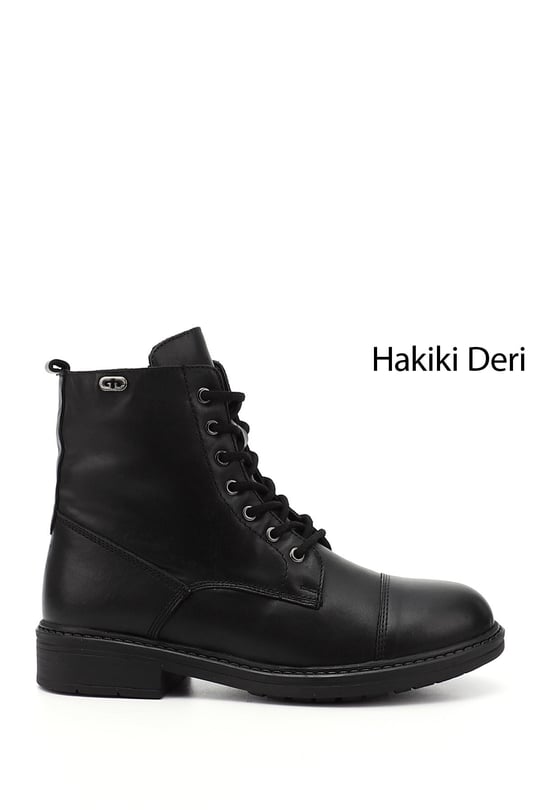 Kadın Siyah Fermuarlı Hakiki Deri Postal Bot