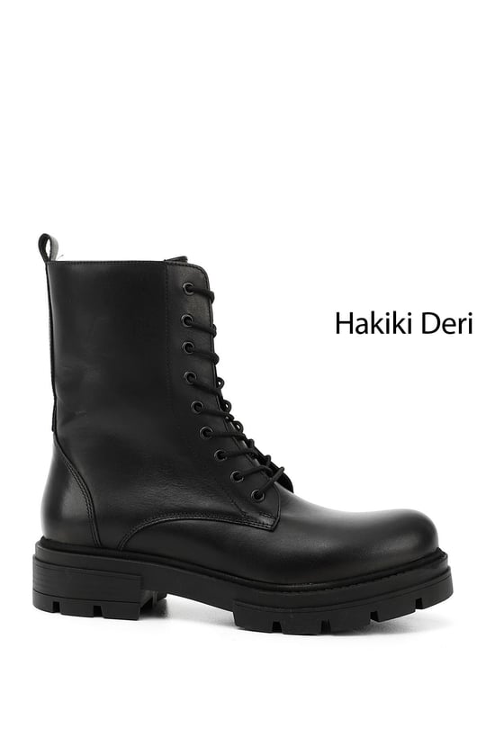 Kadın Siyah Fermuarlı Hakiki Deri Postal Bot
