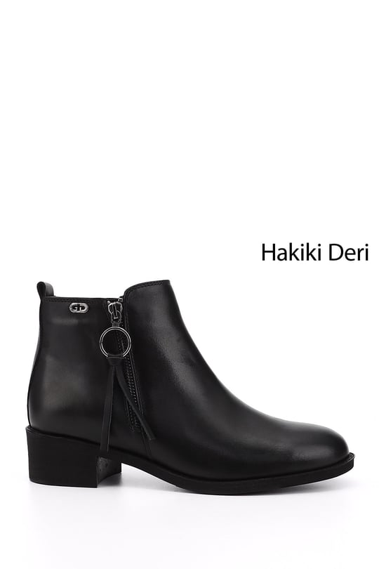 Kadın Siyah Fermuarlı Kalın Topuklu Fermuarlı Hakiki Deri Bot