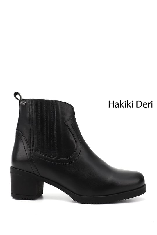Womens Black Zippered Thick Heel Genuine Leather Boots