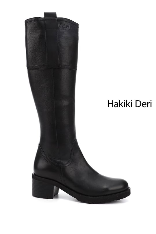 Kadın Siyah Fermuarlı Kalın Topuklu Hakiki Deri Çizme