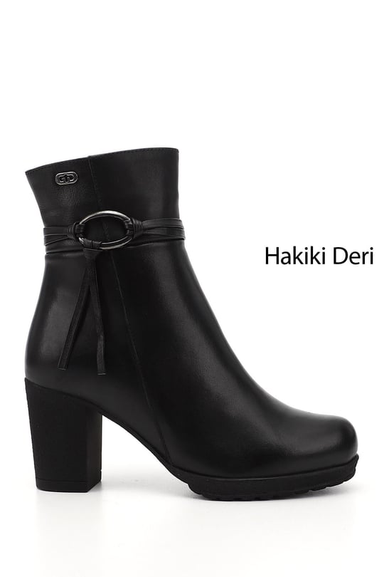 Kadın Siyah Fermuarlı Kalın Topuklu Hakiki Deri Bot