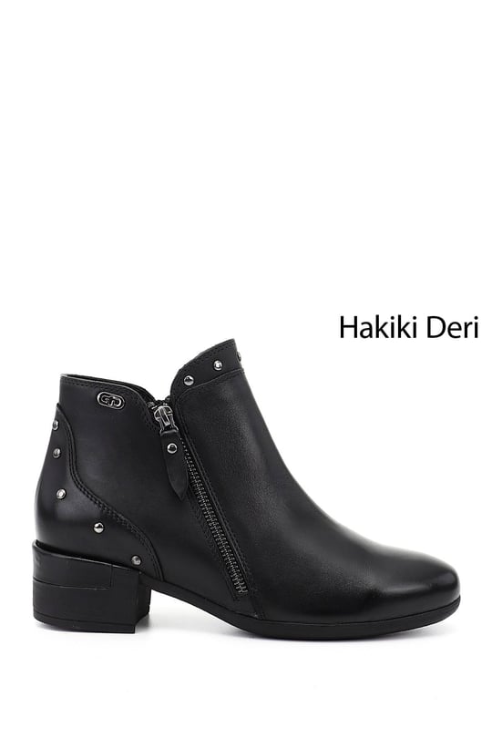 Kadın Siyah Fermuarlı Kalın Topuklu Hakiki Deri Bot