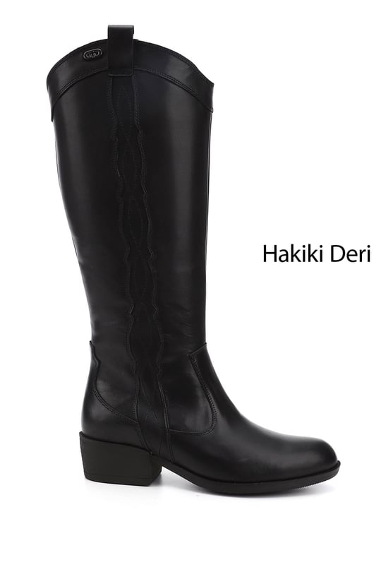 Womens Black Zippered Thick Heel Genuine Leather Cowboy Boots