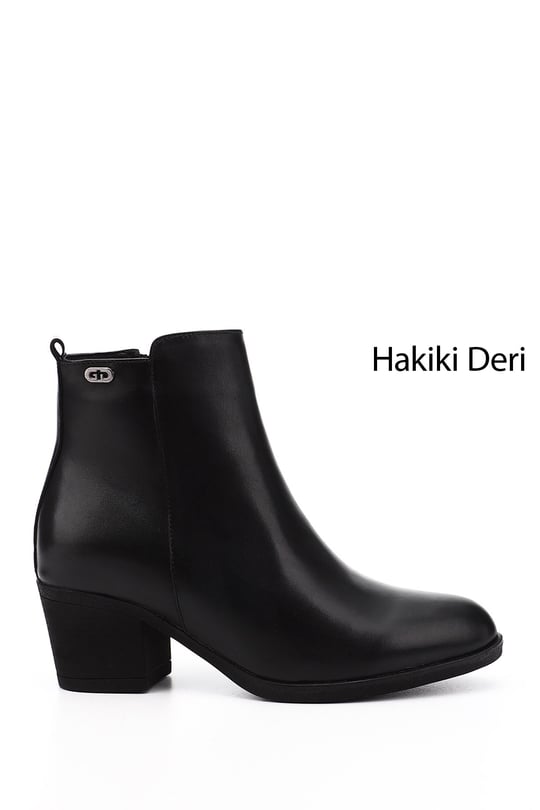 Kadın Siyah Fermuarlı Kalın Topuklu Hakiki Deri Bot