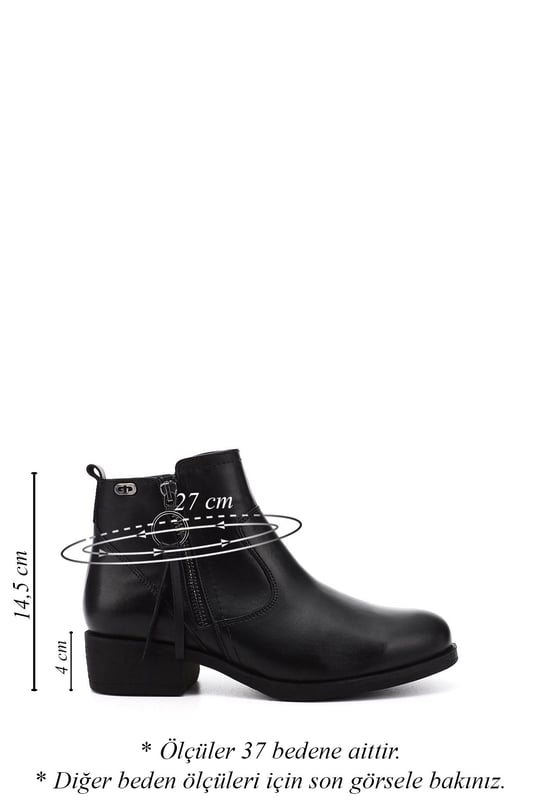 Womens Black Zippered Thick Heeled Genuine Leather Boots