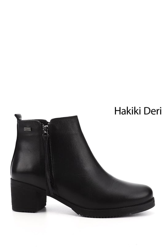 Kadın Siyah Fermuarlı Kalın Topuklu Hakiki Deri Bot