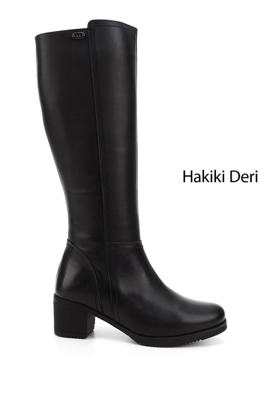Kadın Siyah Fermuarlı Kalın Topuklu Hakiki Deri Çizme