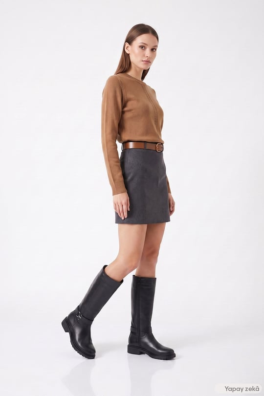 Womens Black Zippered Thick Heeled Genuine Leather High Boots