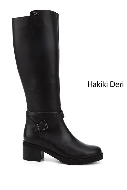 Kadın Siyah Fermuarlı Kalın Topuklu Hakiki Deri Çizme