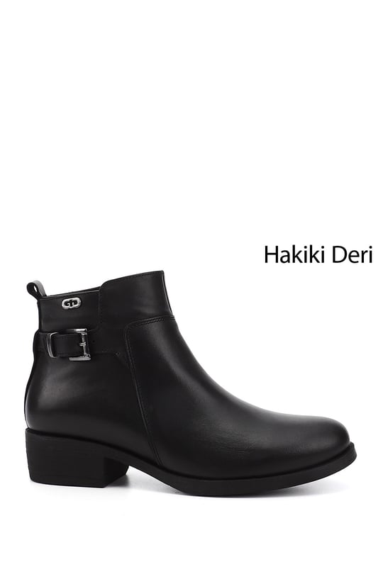 Kadın Siyah Fermuarlı Kalın Topuklu Hakiki Deri Bot