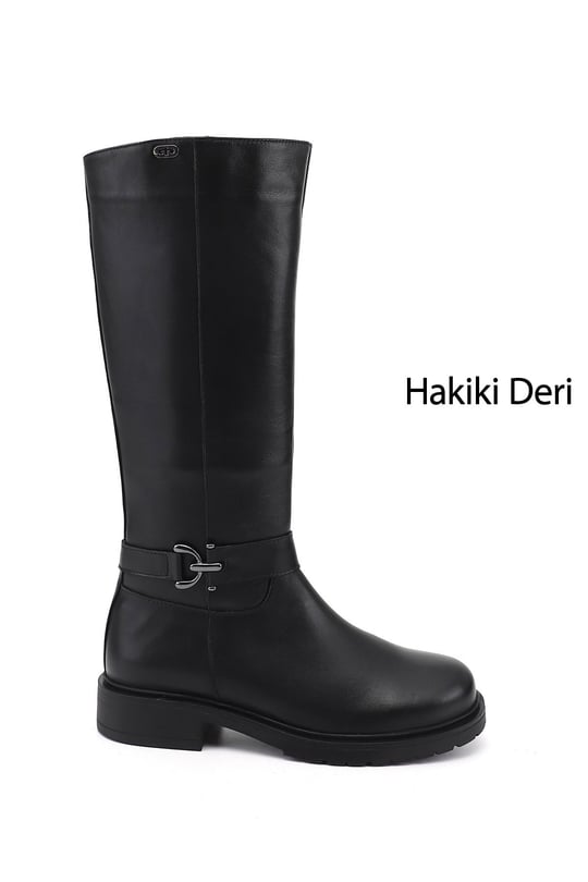 Womens Black Zippered Thick Heeled Genuine Leather High Boots