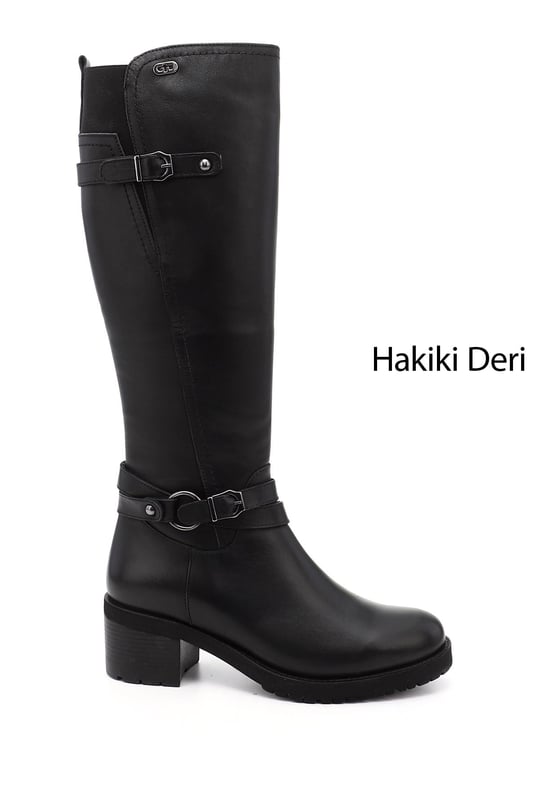 Kadın Siyah Fermuarlı Kalın Topuklu Hakiki Deri Çizme
