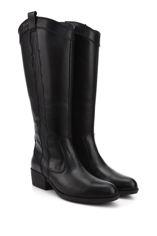 Womens Black Zippered Thick Heel Genuine Leather Cowboy Boots