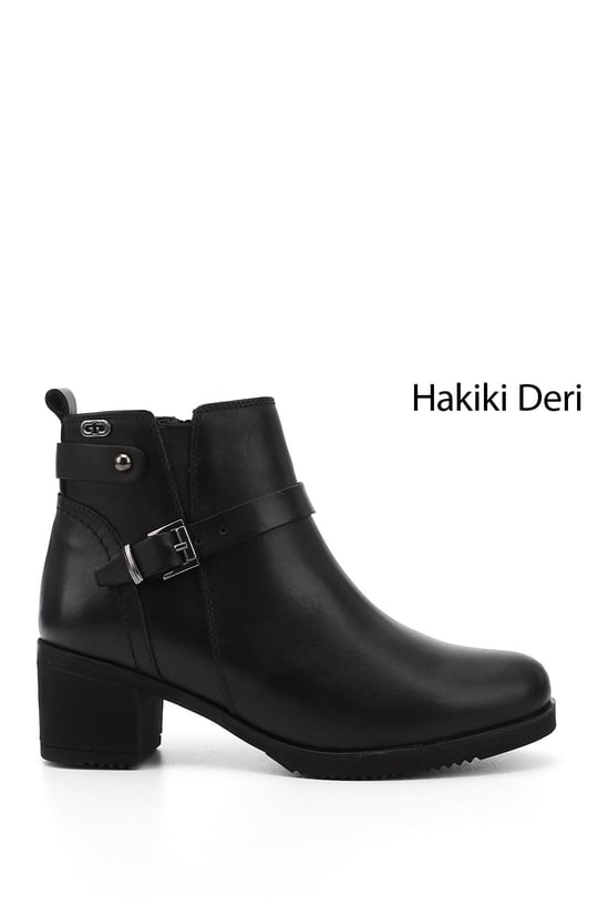Kadın Siyah Fermuarlı Kalın Topuklu Hakiki Deri Bot