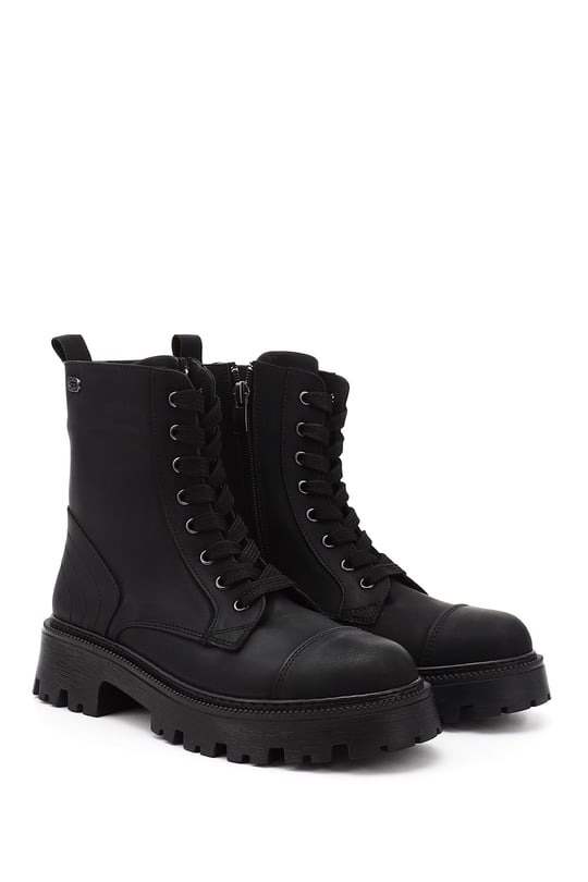 Womens Black Zip-Up Chunky Heel Combat Boots