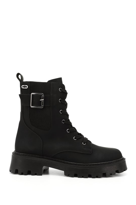 Womens Black Zip-Up Chunky Heel Combat Boots