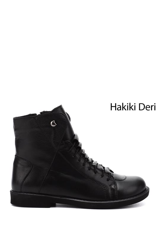 Kadın Siyah Fermuarlı Kauçuk Taban Hakiki Deri Bot