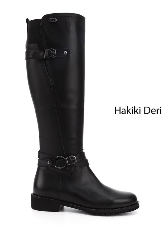 Kadın Siyah Fermuarlı Kauçuk Taban Hakiki Deri Çizme