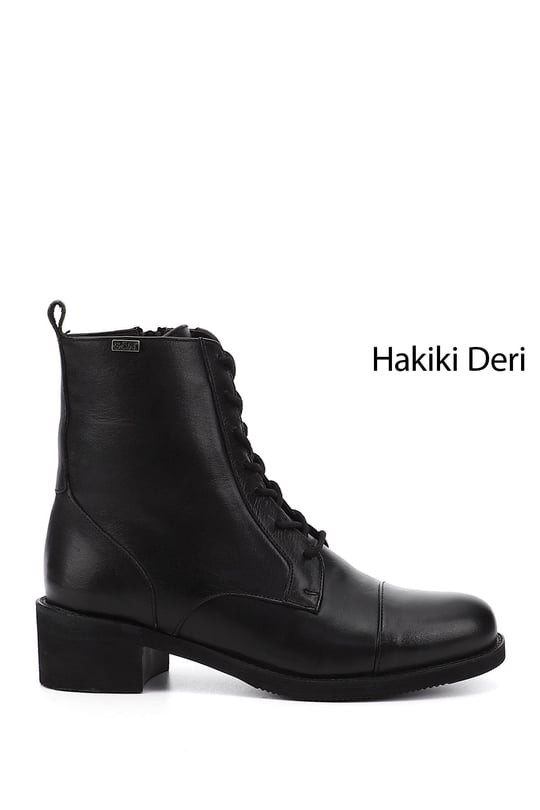 Kadın Siyah Fermuarlı Kauçuk Taban Hakiki Deri Postal Bot