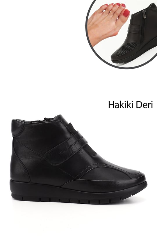 Kadın Siyah Fermuarlı Kemik Çıkıntısına Özel Hakiki Deri Bot
