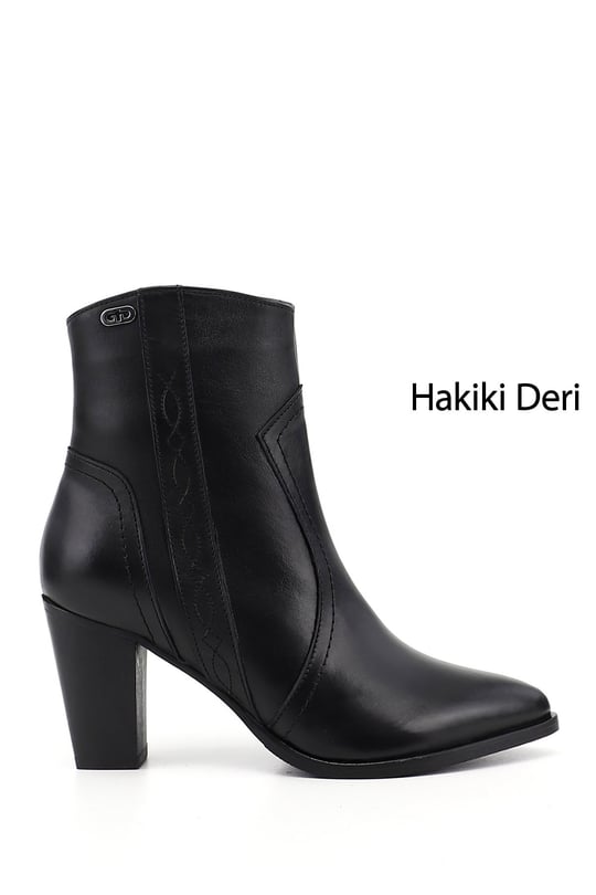 Kadın Siyah Fermuarlı Sivri Burun Hakiki Deri Bot