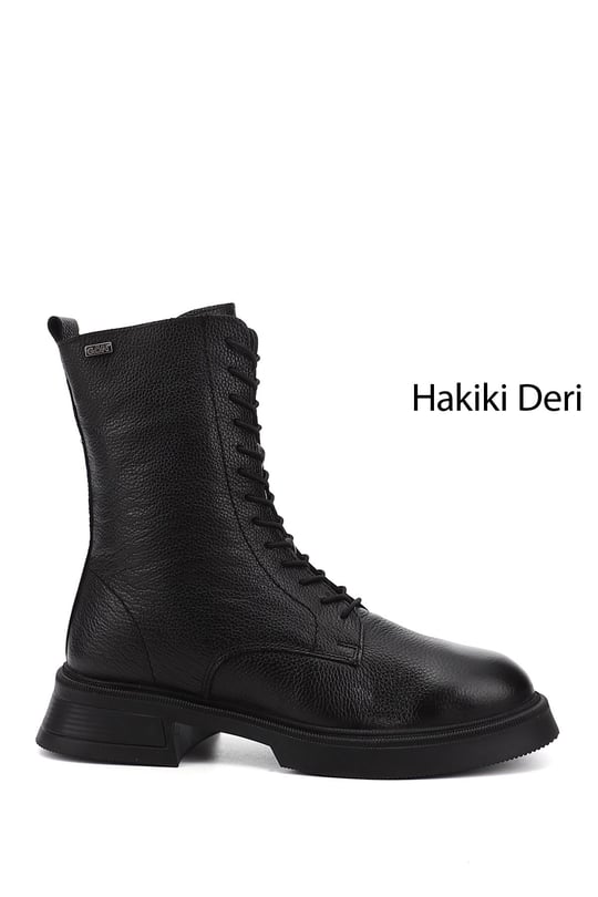 Womens Black Floater Zippered Thick Sole Genuine Leather Combat Boots