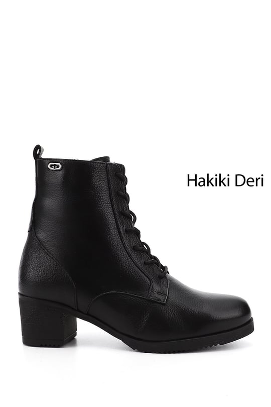 Womens Black Floater Zipper Thick Heel Genuine Leather Combat Boots