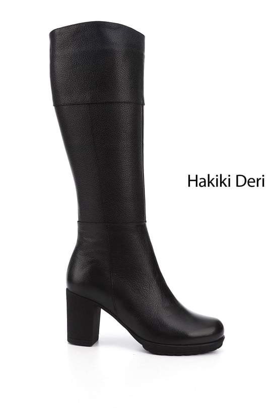 Kadın Siyah Floter Fermuarlı Kalın Topuklu Hakiki Deri Çizme