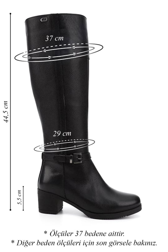 Womens Black Floater Zippered Thick Heeled Genuine Leather Boots