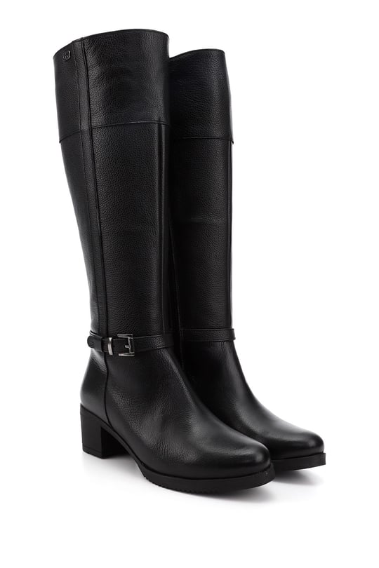 Womens Black Floater Zippered Thick Heeled Genuine Leather Boots