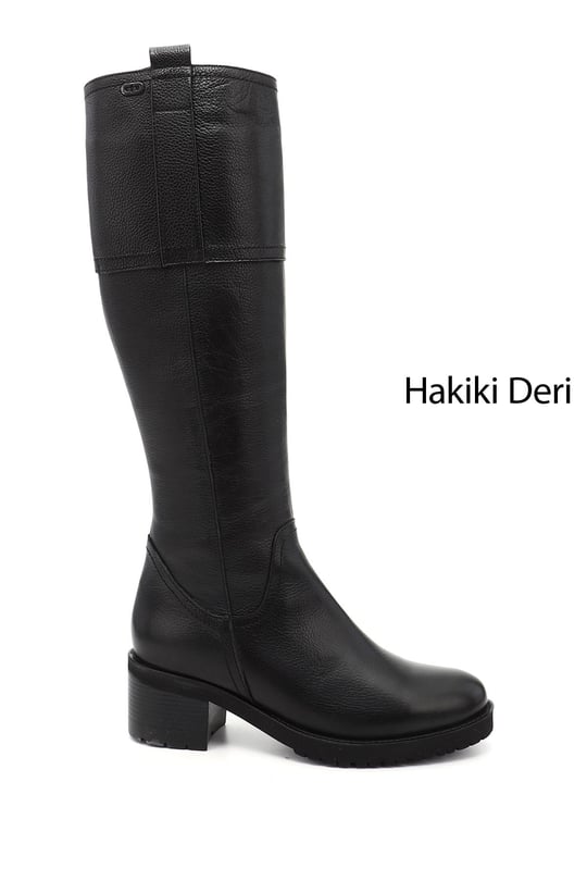 Kadın Siyah Floter Fermuarlı Kalın Topuklu Hakiki Deri Çizme