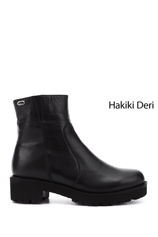 Womens Black Floater Zippered Thick Heel Genuine Leather Boots