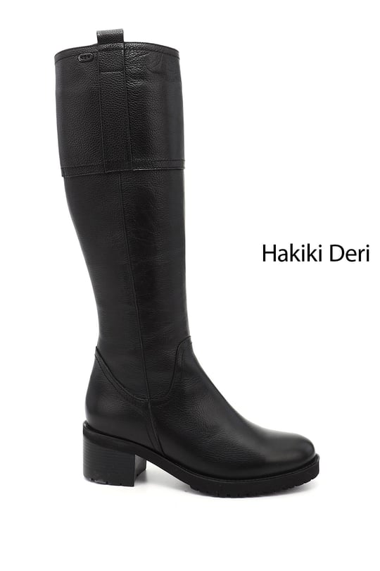 Kadın Siyah Floter Fermuarlı Kalın Topuklu Hakiki Deri Çizme