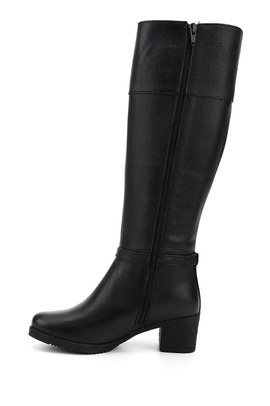Womens Black Floater Zippered Thick Heeled Genuine Leather Boots