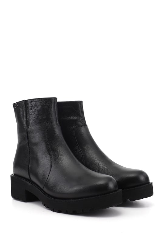 Womens Black Floter Zipper Thick Heeled Genuine Leather Boot