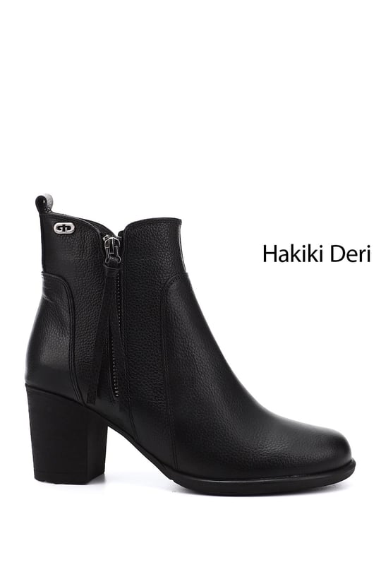 Kadın Siyah Floter Fermuarlı Kalın Topuklu Hakiki Deri Bot