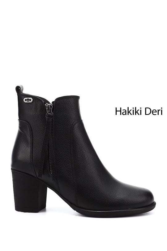 Kadın Siyah Floter Fermuarlı Kalın Topuklu Hakiki Deri Bot