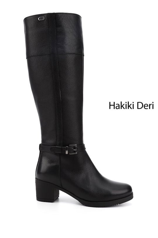 Womens Black Floater Zippered Thick Heeled Genuine Leather Boots