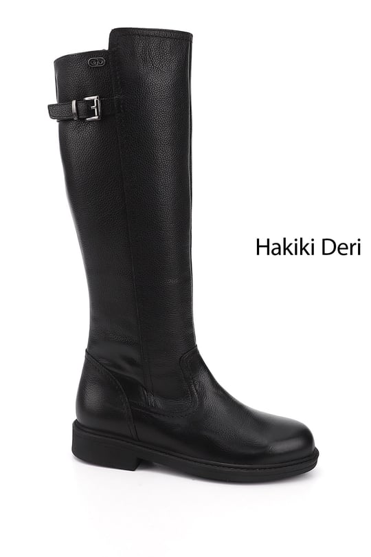 Womens Black Floater Zippered Rubber Sole Genuine Leather Boots