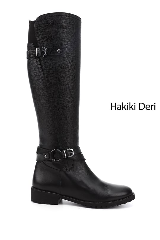 Kadın Siyah Floter Fermuarlı Kauçuk Taban Hakiki Deri Çizme