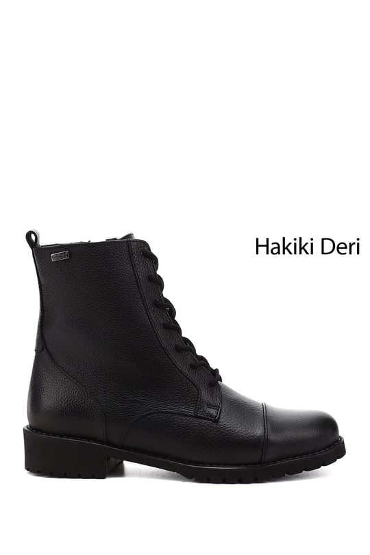 Kadın Siyah Floter Fermuarlı Kauçuk Taban Hakiki Deri Postal Bot